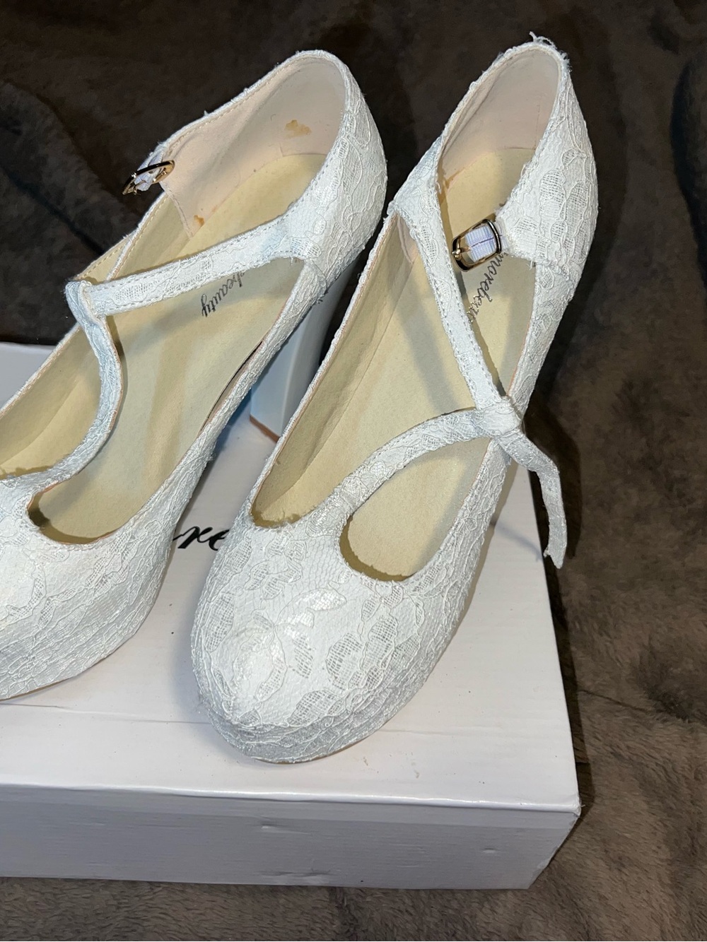 White Lace T-Strap High Heels